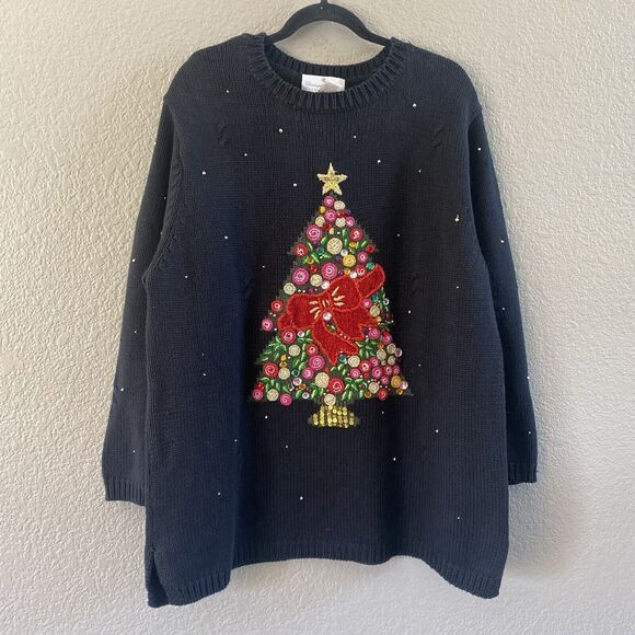 Christopher Radko Sweater Womens  1x Black Embellished Tree Christmas Beaded - Picture 1 of 9